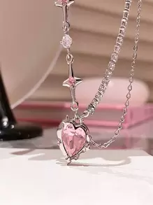 Heart & Star Charm Layered Necklace - Silver - View 2