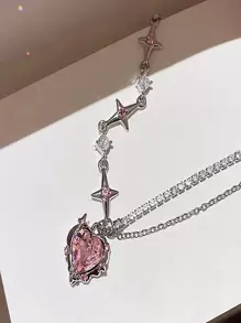 Heart & Star Charm Layered Necklace - Silver - View 4