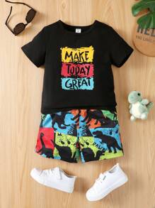 SHEIN Young Boy Slogan Graphic Tee & Shorts