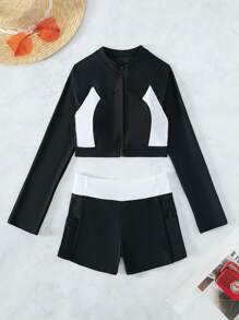 Swim SPRTY Colorblock Zip Up Rashguard With Long Sleeve Swim Shirt,Summer Beach - Black and White - View 4