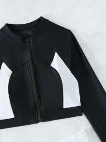 Swim SPRTY Colorblock Zip Up Rashguard With Long Sleeve Swim Shirt,Summer Beach - Black and White - View 7