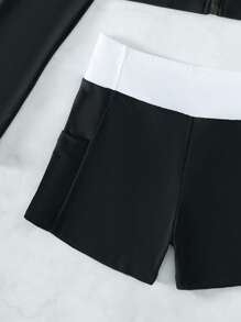 Swim SPRTY Colorblock Zip Up Rashguard With Long Sleeve Swim Shirt,Summer Beach - Black and White - View 8