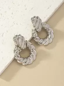 1對時尚鋅合金紋理質感圓形耳墜適合女士日常裝飾 - 銀色 - 查看 3