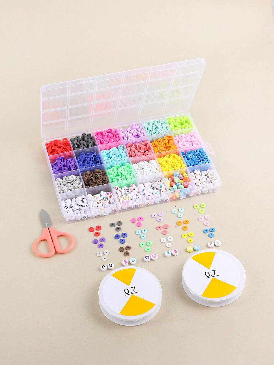 1 Box Of 24 Grids Diy Soft Pottery Alphabet Bracelet Making Kit With Elastic Line, 2 Scissors - Multicolor - View 1