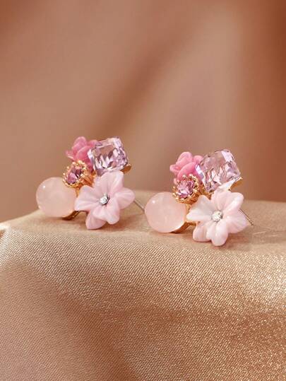 Andkiss 1 对时尚锌合金水钻和花朵装饰耳钉女士日常装饰情人节