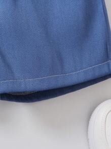 SHEIN 小男童素色T恤和翻蓋口袋夾克背心和短褲 - 藍白色 - 查看 5