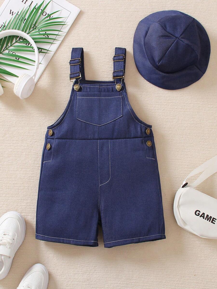 小男童素色背帶連體短褲和配件帽 - 藏蓝色 - 查看 1