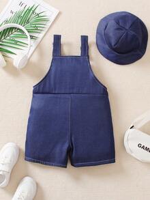 小男童素色背帶連體短褲和配件帽 - 藏蓝色 - 查看 2