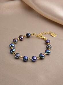 1 件 18K 镀金正宗珍珠手链，适合母亲节、情人节、生日、订婚、新娘结婚礼物 - 黑色 - 查看 2