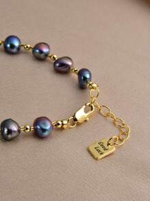 1 件 18K 镀金正宗珍珠手链，适合母亲节、情人节、生日、订婚、新娘结婚礼物 - 黑色 - 查看 4