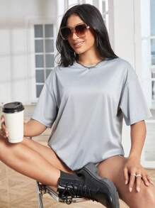 SHEIN EZwear Solid Drop Shoulder Tee - Light Grey - View 5