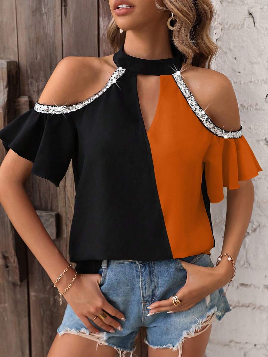 SHEIN VCAY Two Tone Cold Shoulder Contrast Sequin Blouse - Black - View 1