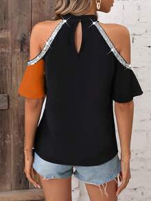 SHEIN VCAY Two Tone Cold Shoulder Contrast Sequin Blouse - Black - View 2