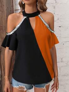 SHEIN VCAY Two Tone Cold Shoulder Contrast Sequin Blouse - Black - View 3