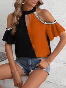 SHEIN VCAY Two Tone Cold Shoulder Contrast Sequin Blouse - Black - View 5