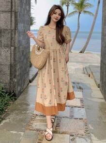 DAZY 滿版印花泡泡袖連衣裙 - 卡其色 - 查看 3