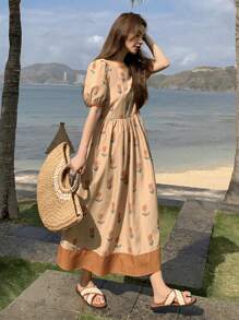 DAZY 滿版印花泡泡袖連衣裙 - 卡其色 - 查看 4