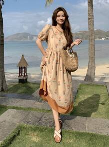 DAZY 滿版印花泡泡袖連衣裙 - 卡其色 - 查看 6