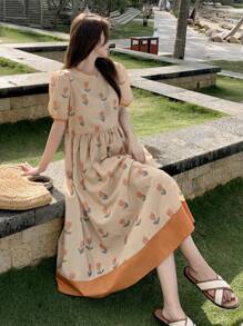 DAZY 滿版印花泡泡袖連衣裙 - 卡其色 - 查看 7