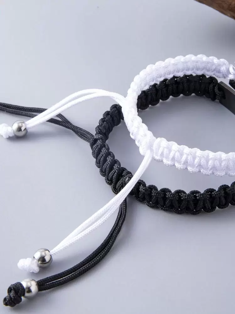 2pcs/set Slogan Graphic Geometric Decor Bracelet - Black and White - View 6