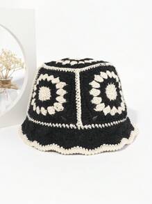 1 chiếc mũ đan móc thời trang cho nữ họa tiết hoa cho cuộc sống hàng ngày - Đen và trắng - Xem 2