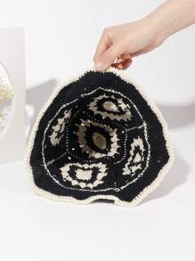 1 chiếc mũ đan móc thời trang cho nữ họa tiết hoa cho cuộc sống hàng ngày - Đen và trắng - Xem 4