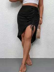 SHEIN Unity Váy Plus Size Bất đối xứng Dây kéo Xù màu trơn Giải trí - màu đen - Xem 1