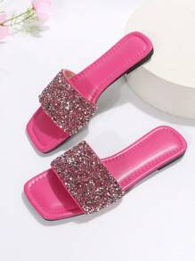Dép trượt trang trí đính sequin cho nữ, Dép đế bằng mùa hè quyến rũ - Màu Hồng Tươi - Xem 4