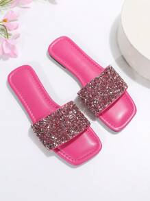 Dép trượt trang trí đính sequin cho nữ, Dép đế bằng mùa hè quyến rũ - Màu Hồng Tươi - Xem 5