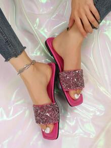 Dép trượt trang trí đính sequin cho nữ, Dép đế bằng mùa hè quyến rũ - Màu Hồng Tươi - Xem 7