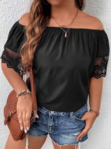 SHEIN LUNE Plus Off Shoulder Contrast Lace Blouse - Black - View 3