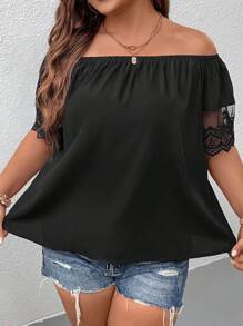 SHEIN LUNE Plus Off Shoulder Contrast Lace Blouse - Black - View 4