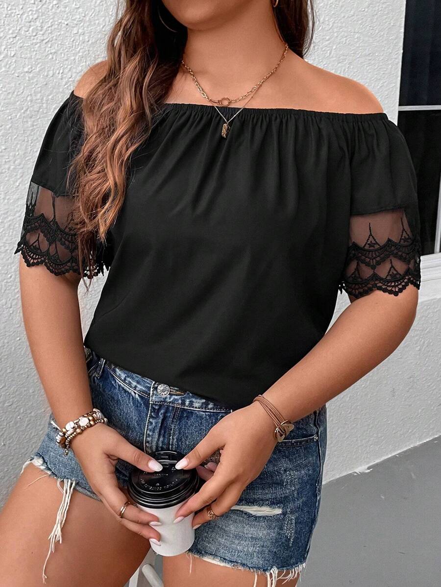 SHEIN LUNE Plus Off Shoulder Contrast Lace Blouse - Black - View 1