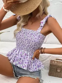 SHEIN Frenchy Áo khoác và áo lót dành cho xe tăng nữ Thắt nút Viên lá sen Dải chun Họa tiết hoa Boho - Màu Lilac Tím - Xem 1