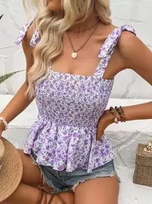 SHEIN Frenchy Áo khoác và áo lót dành cho xe tăng nữ Thắt nút Viên lá sen Dải chun Họa tiết hoa Boho - Màu Lilac Tím - Xem 3