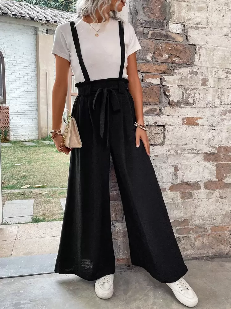 SHEIN LUNE Áo liền quần nữ Thắt lưng Đắp vá Quần paper-bag màu trơn Giải trí - màu đen - Xem 4