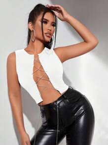 VaVaBold Top tank crop con cadena con cordón delantero - Blanco - Ver 1