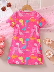 SHEIN Phong cách ăn mặc của cô gái trẻ Đèn & áo phông in hình khủng long dễ thương cho những dịp mùa hè thông thường - Màu Hồng Tươi - Xem 2