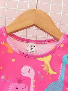 SHEIN Phong cách ăn mặc của cô gái trẻ Đèn & áo phông in hình khủng long dễ thương cho những dịp mùa hè thông thường - Màu Hồng Tươi - Xem 5