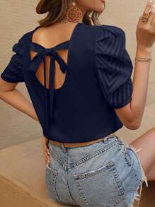 SHEIN Clasi Áo sơ mi nữ Buộc lại màu trơn Giải trí - Màu xanh hải quân - Xem 1