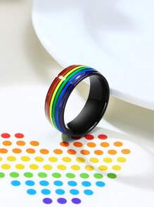 1 Anillo De Acero Inoxidable Con Rayas Arcoíris, Mes Del Orgullo - Negro - Ver 1