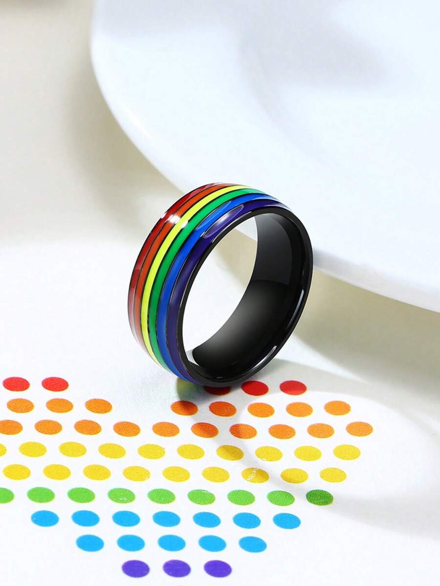 1 Anillo De Acero Inoxidable Con Rayas Arcoíris, Mes Del Orgullo - Negro - Ver 1