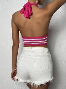 Chiquease Striped Pattern Backless Crop Halter Knit Top - Multicolor - View 2