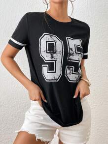 SHEIN EZwear Áo thun nữ Lá thư Giải trí - màu đen - Xem 3