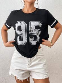 SHEIN EZwear Áo thun nữ Lá thư Giải trí - màu đen - Xem 5
