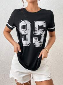 SHEIN EZwear Áo thun nữ Lá thư Giải trí - màu đen - Xem 7