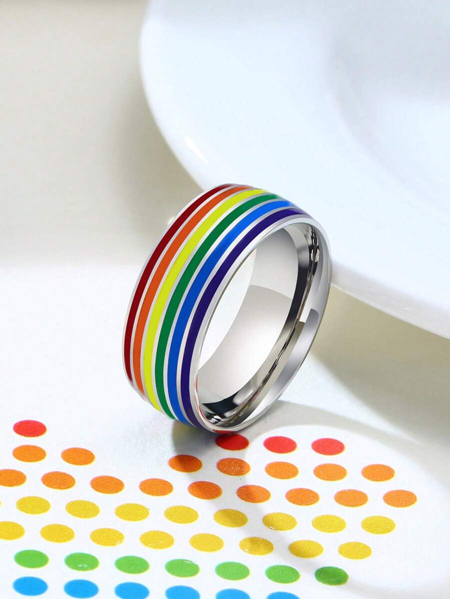 1pc Fashion Stainless Steel Rainbow Striped Pattern Ring For Men For Daily Life - Silver - View 1