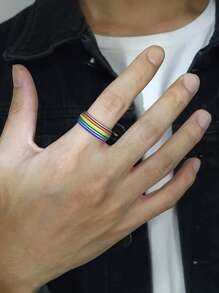 1入組時尚不銹鋼彩虹條紋圖案戒指適合男士適用於日常 - 銀色 - 查看 2
