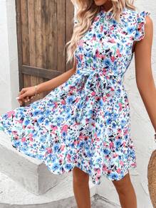 Breezaya Allover Floral Print Ruffle Trim Belted Dress - Blue - View 3