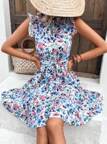 Breezaya Allover Floral Print Ruffle Trim Belted Dress - Blue - View 6
